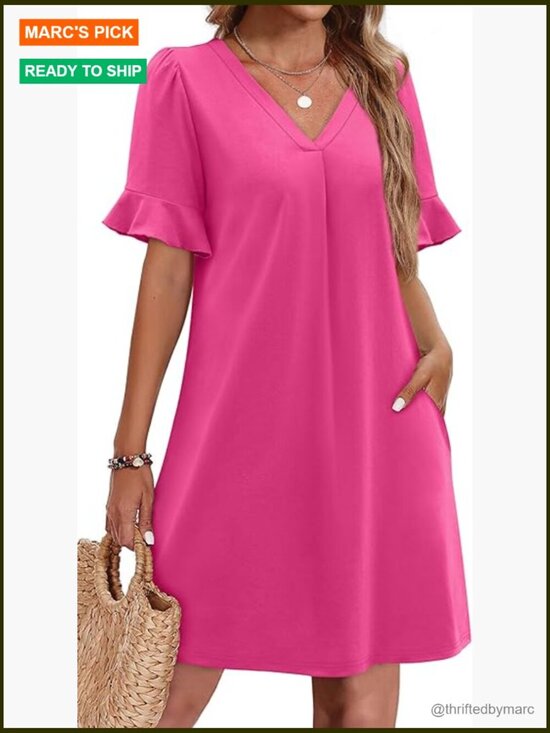 Dresses & Skirts - Ruffle Short Sleeve V Neck Shift Dress with Pockets